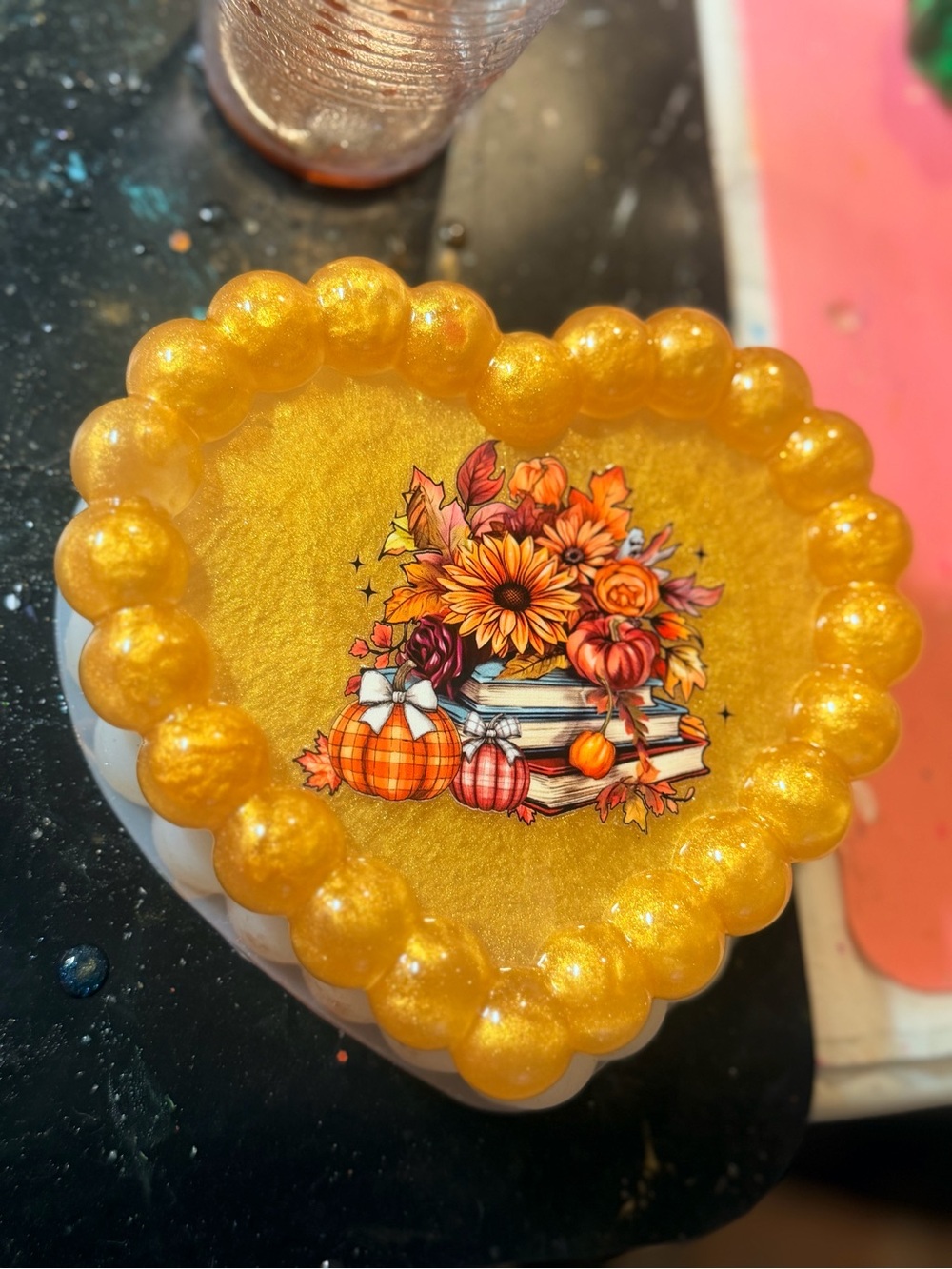 Gold Heart Shaped Party Trinket Dish with Fall Floral Design